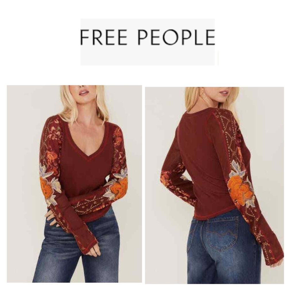 Free People Women's Floral Embroidered Top - Red